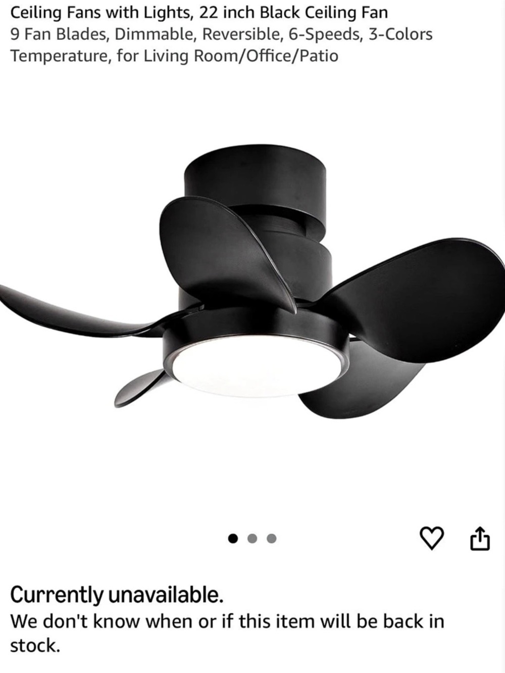 SODSEA Item 1186 / SBD1 22-Inch Black Ceiling Fan with Light